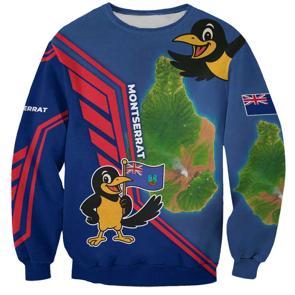 Montserrat Sweatshirt with Cartoon Bird and Island Map Blue Red Stripe Design - Wonder Print Shop