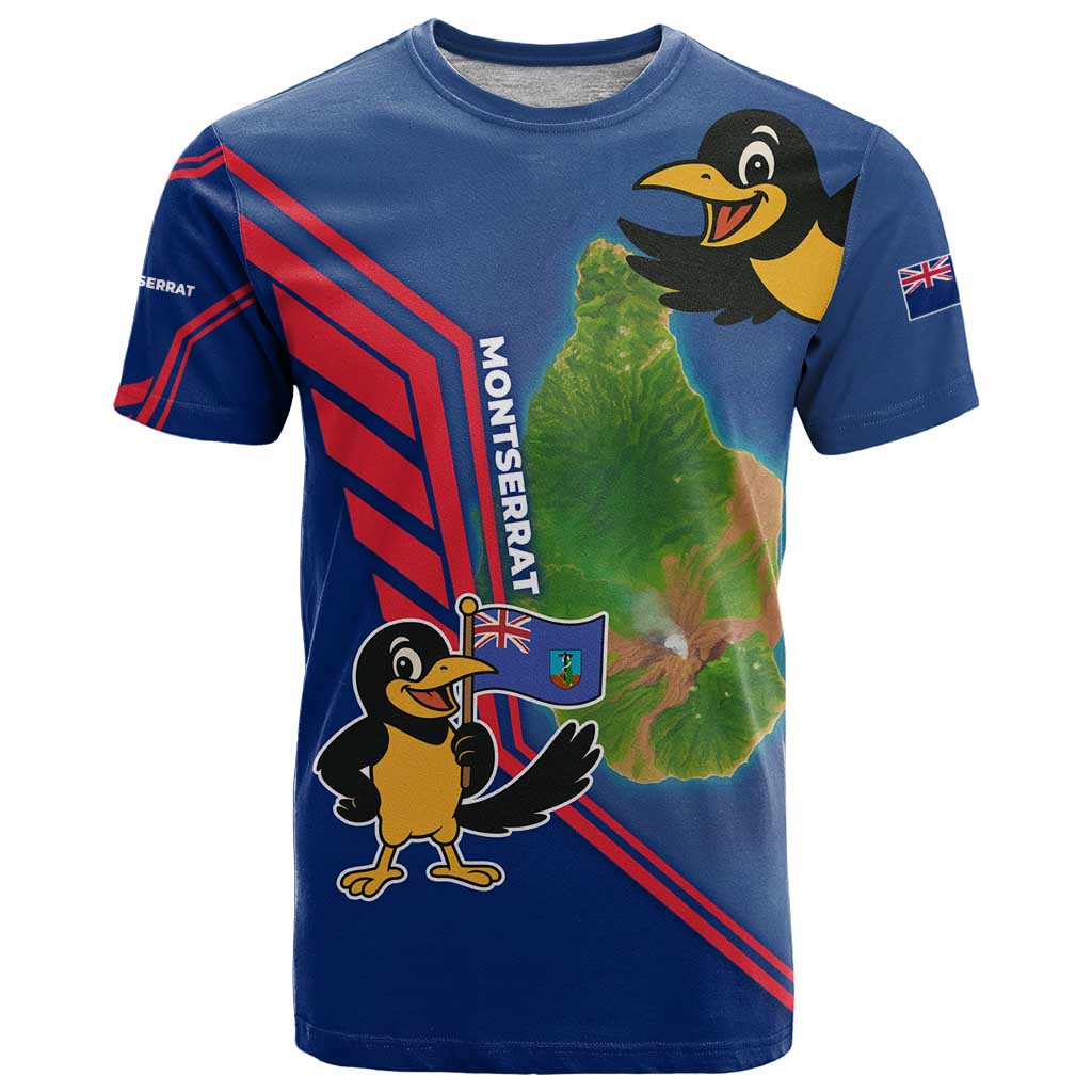 Montserrat T Shirt with Cartoon Bird and Island Map Blue Red Stripe Design - Wonder Print Shop