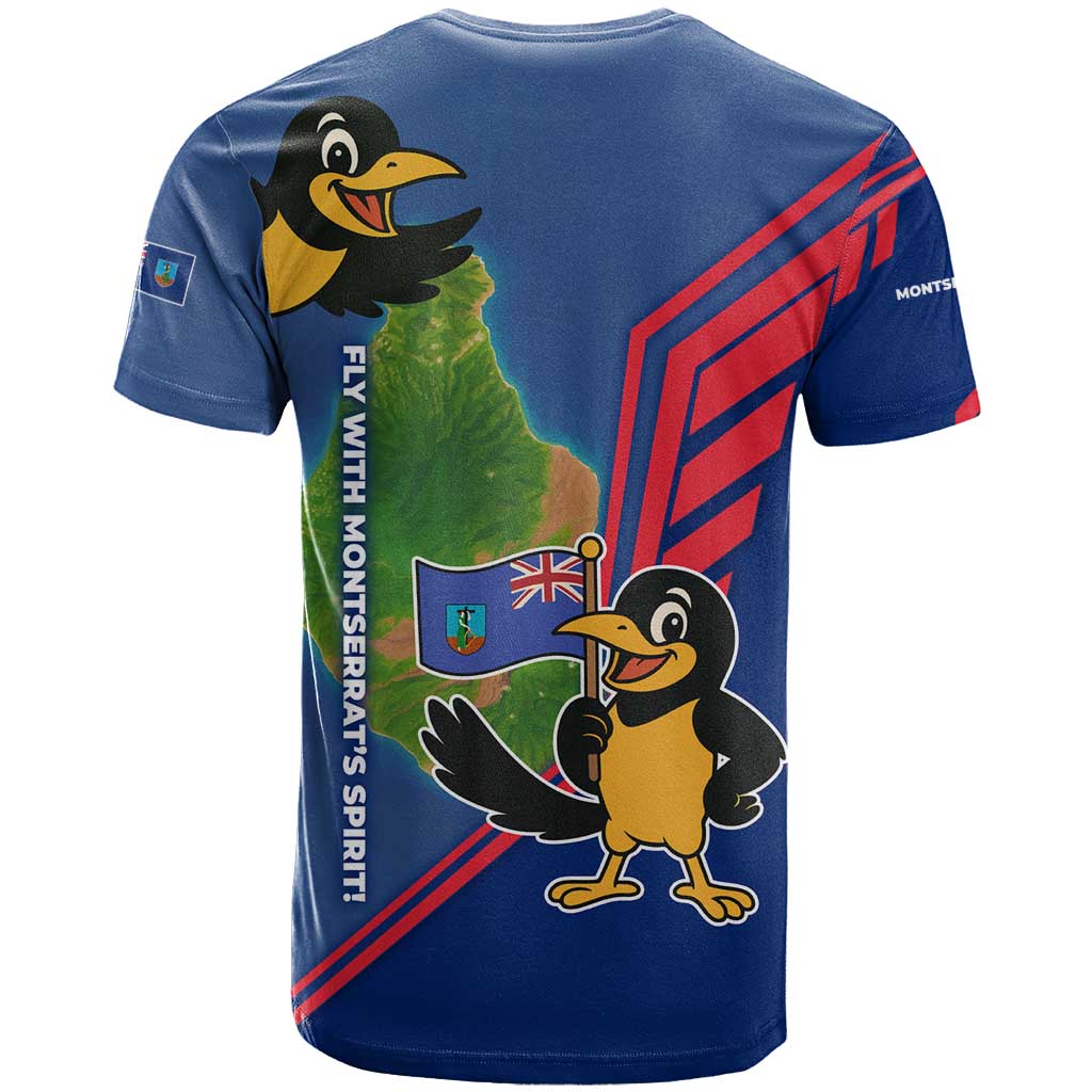 Montserrat T Shirt with Cartoon Bird and Island Map Blue Red Stripe Design - Wonder Print Shop