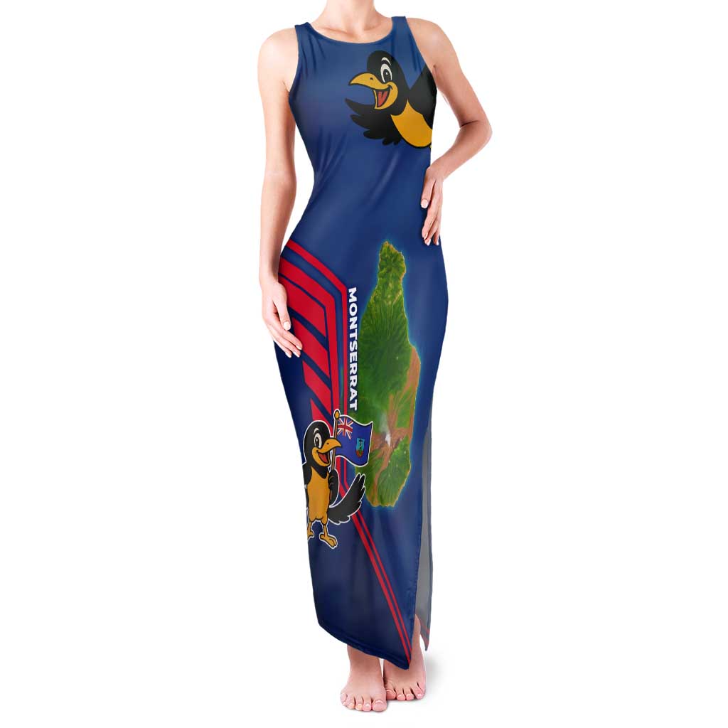 Montserrat Tank Maxi Dress with Cartoon Bird and Island Map Blue Red Stripe Design - Wonder Print Shop