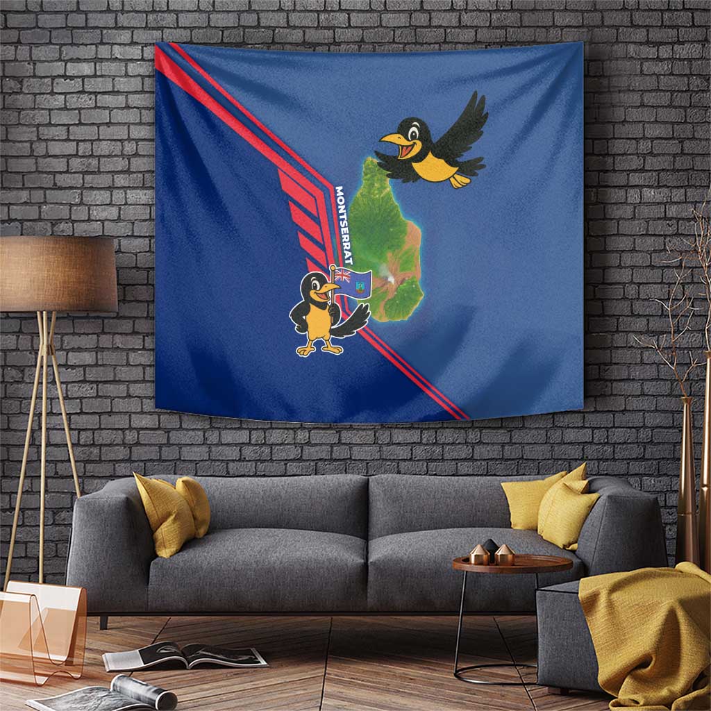 Montserrat Tapestry with Cartoon Bird and Island Map Blue Red Stripe Design - Wonder Print Shop