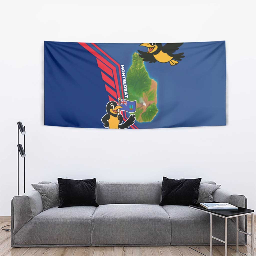 Montserrat Tapestry with Cartoon Bird and Island Map Blue Red Stripe Design - Wonder Print Shop