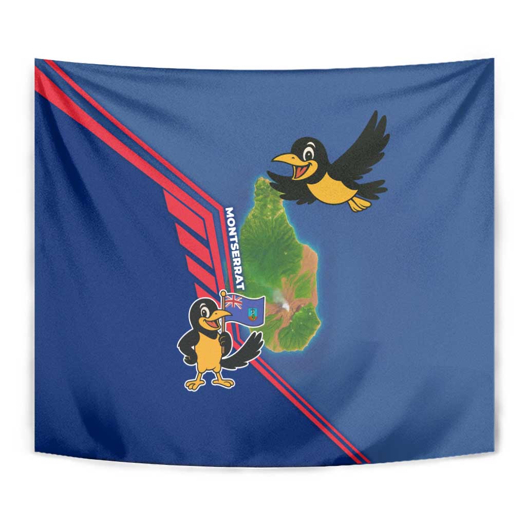 Montserrat Tapestry with Cartoon Bird and Island Map Blue Red Stripe Design - Wonder Print Shop