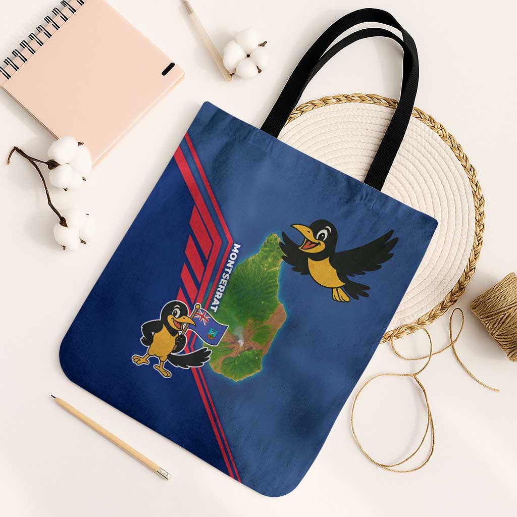Montserrat Tote Bag with Cartoon Bird and Island Map Blue Red Stripe Design - Wonder Print Shop