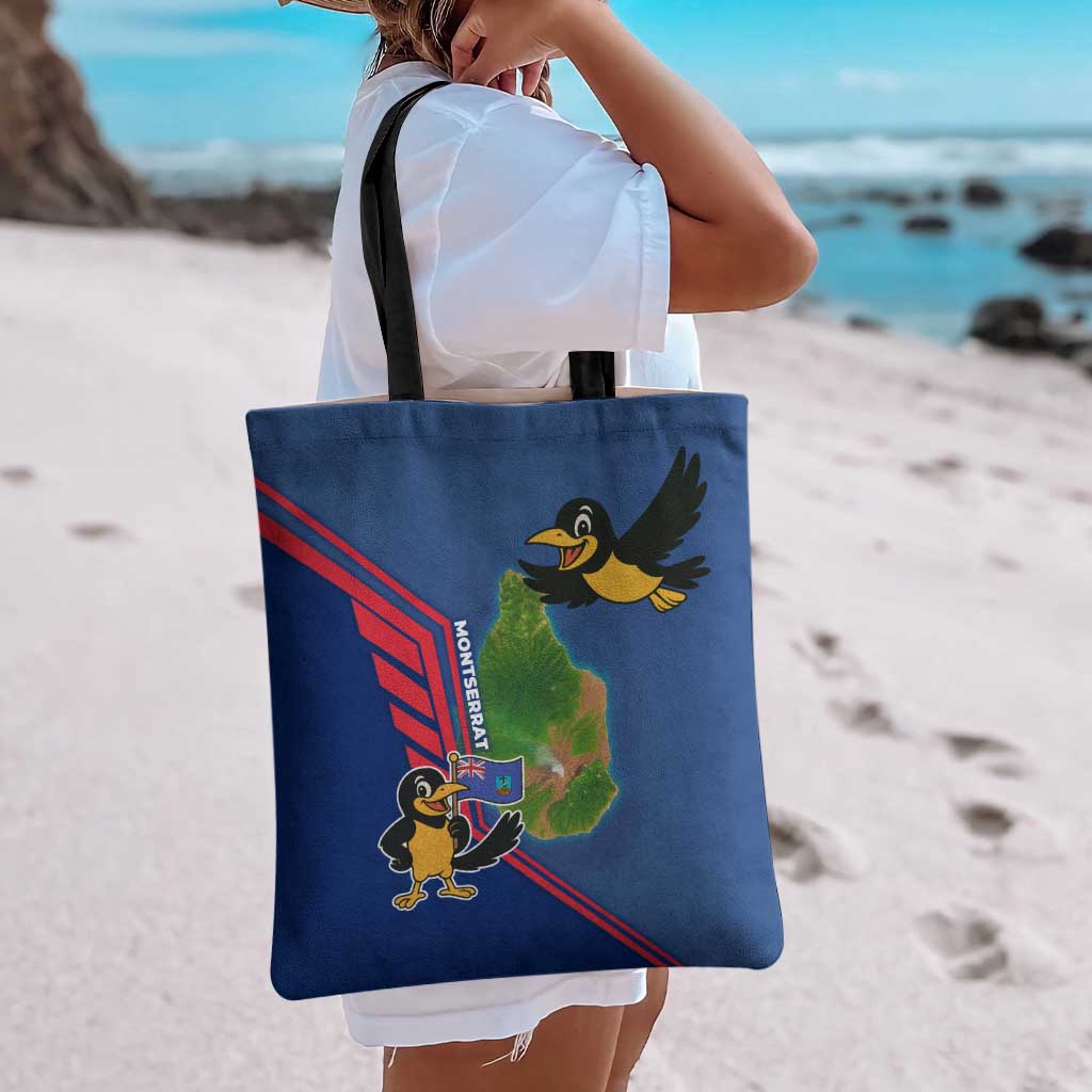 Montserrat Tote Bag with Cartoon Bird and Island Map Blue Red Stripe Design - Wonder Print Shop
