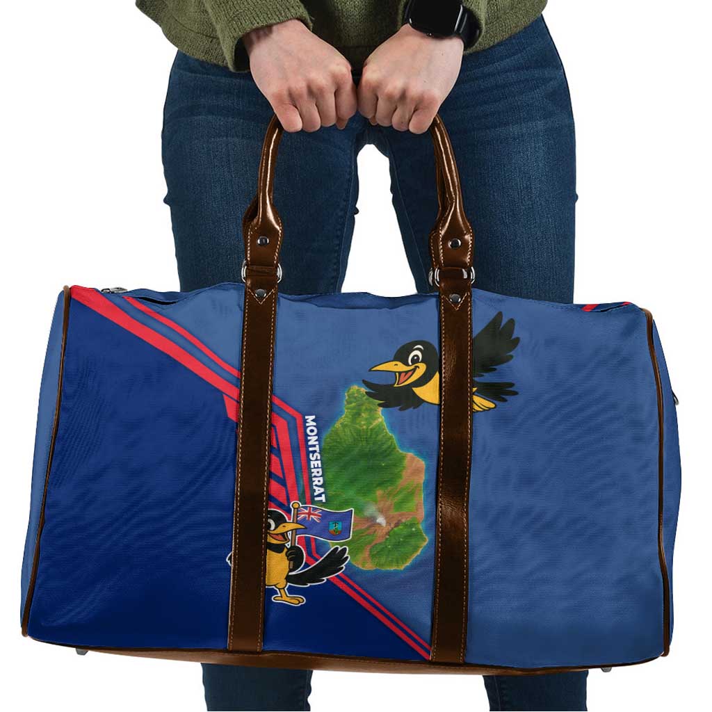 Montserrat Travel Bag with Cartoon Bird and Island Map Blue Red Stripe Design - Wonder Print Shop
