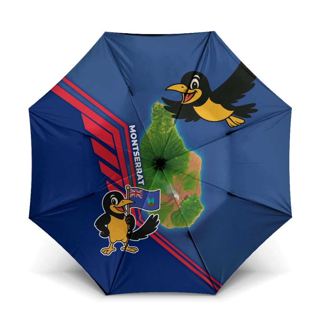 Montserrat Umbrella with Cartoon Bird and Island Map Blue Red Stripe Design - Wonder Print Shop