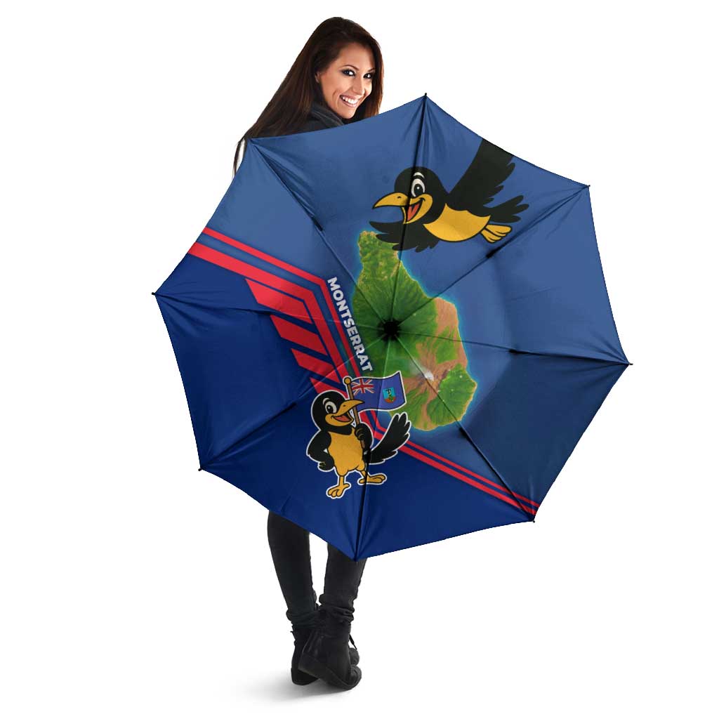Montserrat Umbrella with Cartoon Bird and Island Map Blue Red Stripe Design - Wonder Print Shop