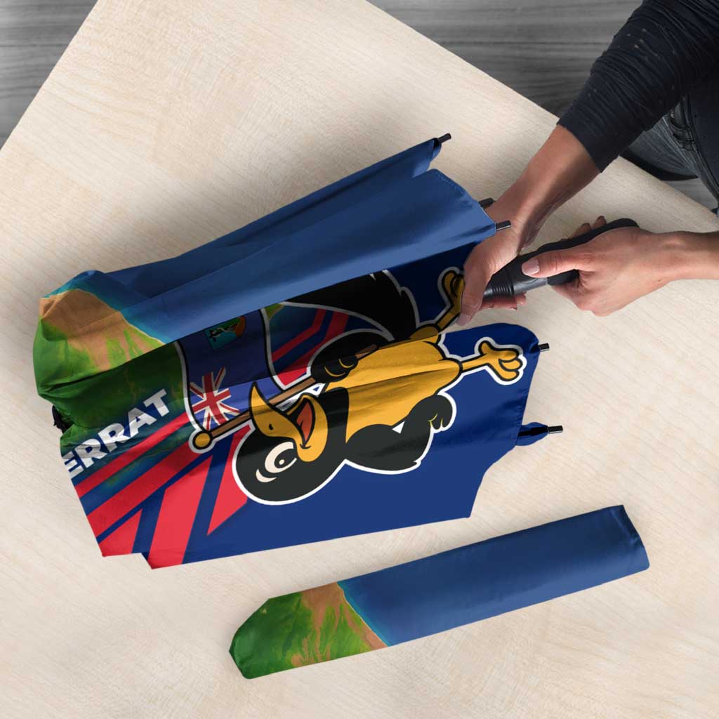 Montserrat Umbrella with Cartoon Bird and Island Map Blue Red Stripe Design - Wonder Print Shop
