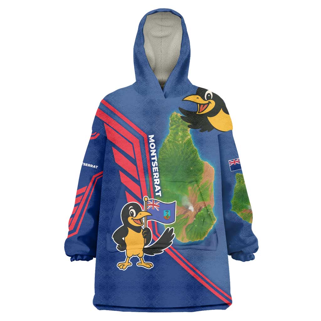 Montserrat Wearable Blanket Hoodie with Cartoon Bird and Island Map Blue Red Stripe Design - Wonder Print Shop