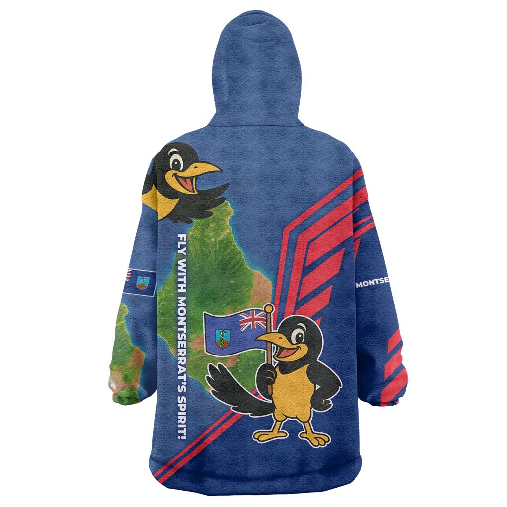Montserrat Wearable Blanket Hoodie with Cartoon Bird and Island Map Blue Red Stripe Design - Wonder Print Shop