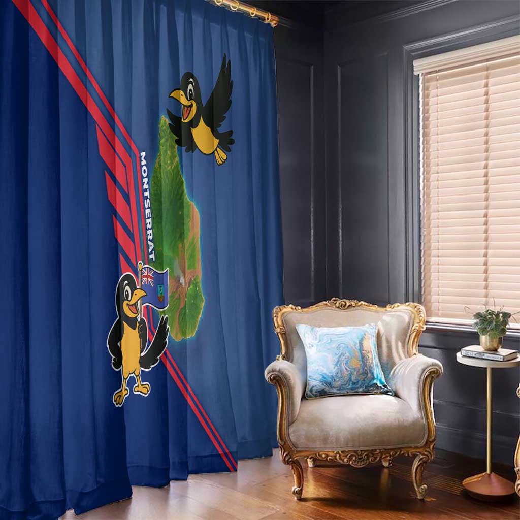 Montserrat Window Curtain with Cartoon Bird and Island Map Blue Red Stripe Design - Wonder Print Shop