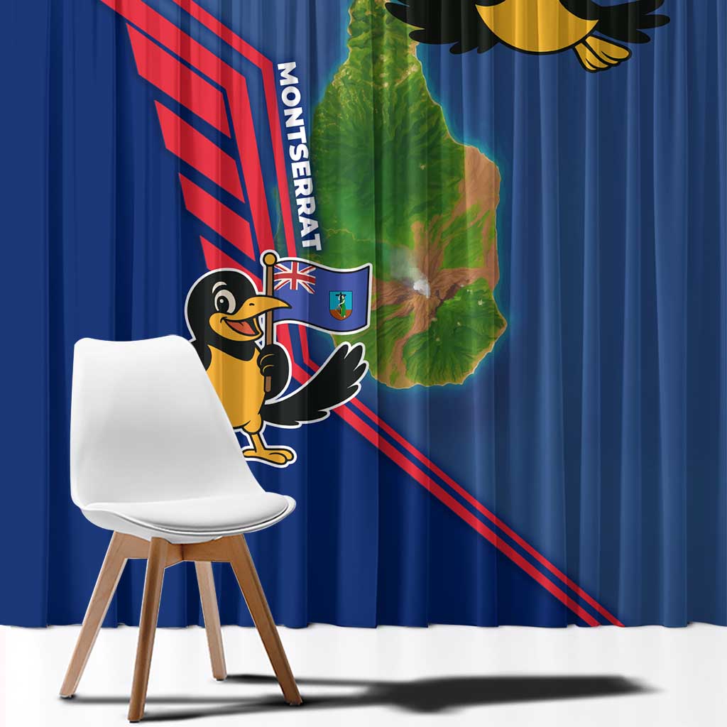 Montserrat Window Curtain with Cartoon Bird and Island Map Blue Red Stripe Design - Wonder Print Shop