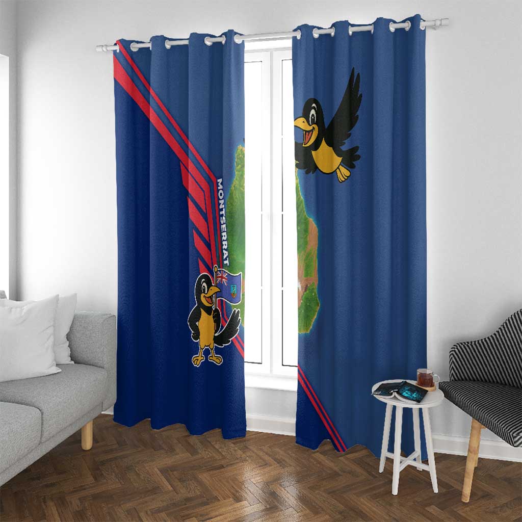Montserrat Window Curtain with Cartoon Bird and Island Map Blue Red Stripe Design - Wonder Print Shop