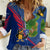 Montserrat Women Casual Shirt with Cartoon Bird and Island Map Blue Red Stripe Design - Wonder Print Shop
