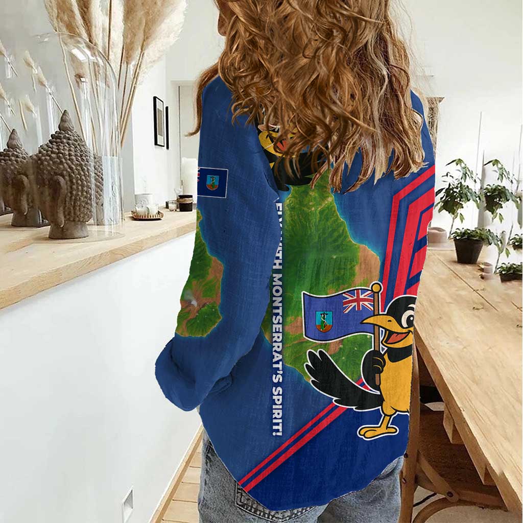 Montserrat Women Casual Shirt with Cartoon Bird and Island Map Blue Red Stripe Design - Wonder Print Shop