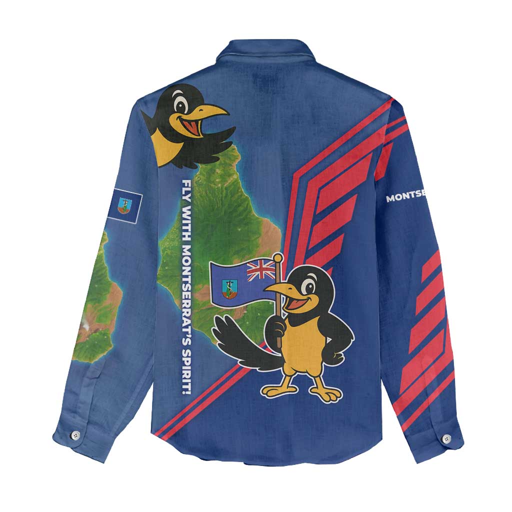 Montserrat Women Casual Shirt with Cartoon Bird and Island Map Blue Red Stripe Design - Wonder Print Shop