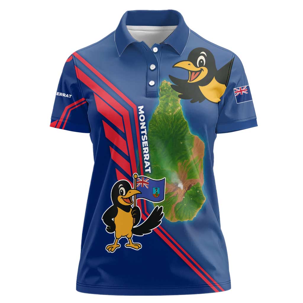 Montserrat Women Polo Shirt with Cartoon Bird and Island Map Blue Red Stripe Design - Wonder Print Shop