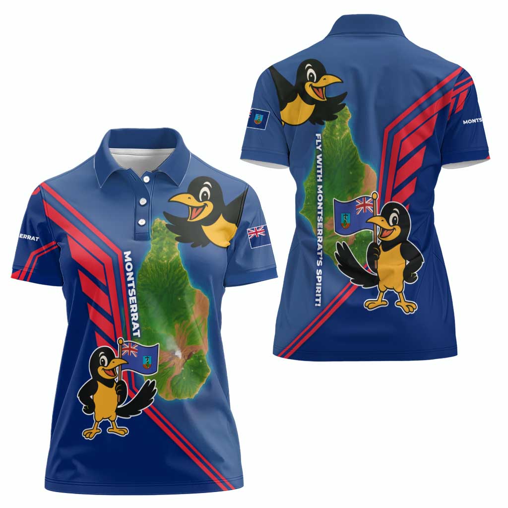Montserrat Women Polo Shirt with Cartoon Bird and Island Map Blue Red Stripe Design - Wonder Print Shop