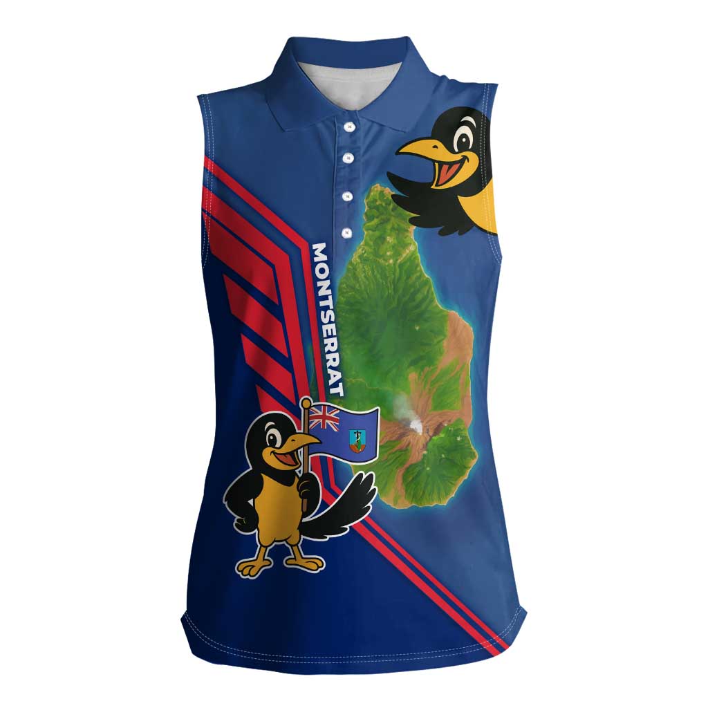 Montserrat Women Sleeveless Polo Shirt with Cartoon Bird and Island Map Blue Red Stripe Design - Wonder Print Shop