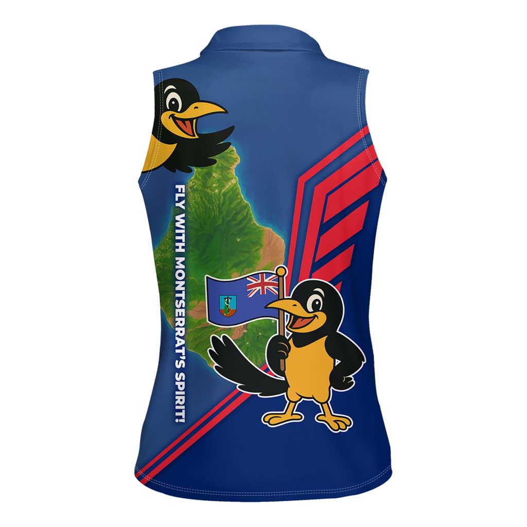 Montserrat Women Sleeveless Polo Shirt with Cartoon Bird and Island Map Blue Red Stripe Design - Wonder Print Shop