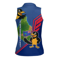 Montserrat Women Sleeveless Polo Shirt with Cartoon Bird and Island Map Blue Red Stripe Design - Wonder Print Shop