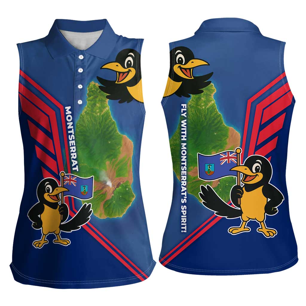 Montserrat Women Sleeveless Polo Shirt with Cartoon Bird and Island Map Blue Red Stripe Design - Wonder Print Shop