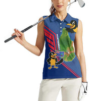 Montserrat Women Sleeveless Polo Shirt with Cartoon Bird and Island Map Blue Red Stripe Design - Wonder Print Shop