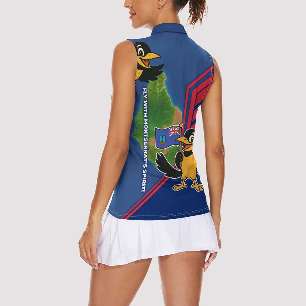 Montserrat Women Sleeveless Polo Shirt with Cartoon Bird and Island Map Blue Red Stripe Design - Wonder Print Shop