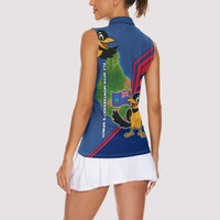Montserrat Women Sleeveless Polo Shirt with Cartoon Bird and Island Map Blue Red Stripe Design - Wonder Print Shop