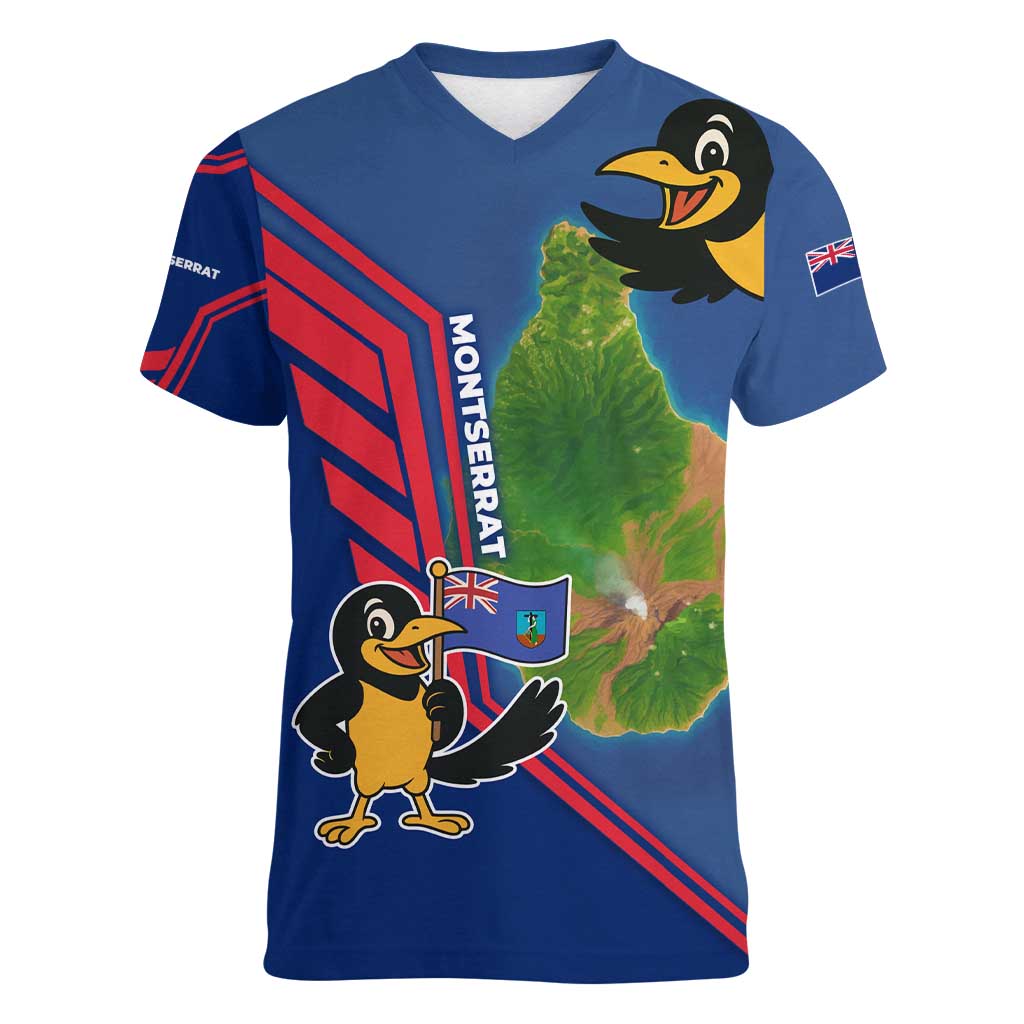 Montserrat Women V-Neck T-Shirt with Cartoon Bird and Island Map Blue Red Stripe Design - Wonder Print Shop