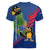 Montserrat Women V-Neck T-Shirt with Cartoon Bird and Island Map Blue Red Stripe Design - Wonder Print Shop