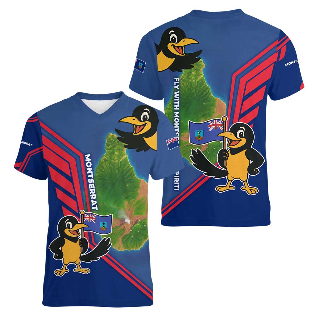 Montserrat Women V-Neck T-Shirt with Cartoon Bird and Island Map Blue Red Stripe Design - Wonder Print Shop