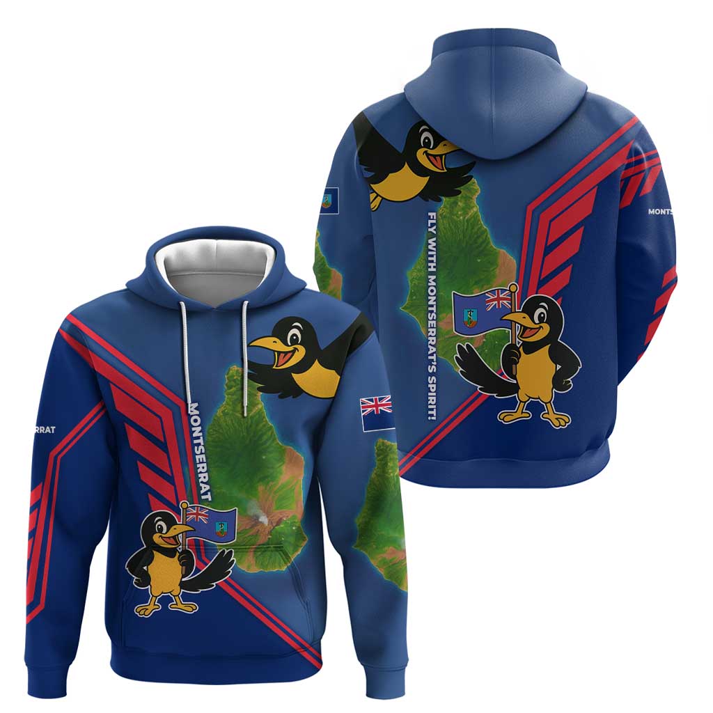 Montserrat Zip Hoodie with Cartoon Bird and Island Map Blue Red Stripe Design - Wonder Print Shop