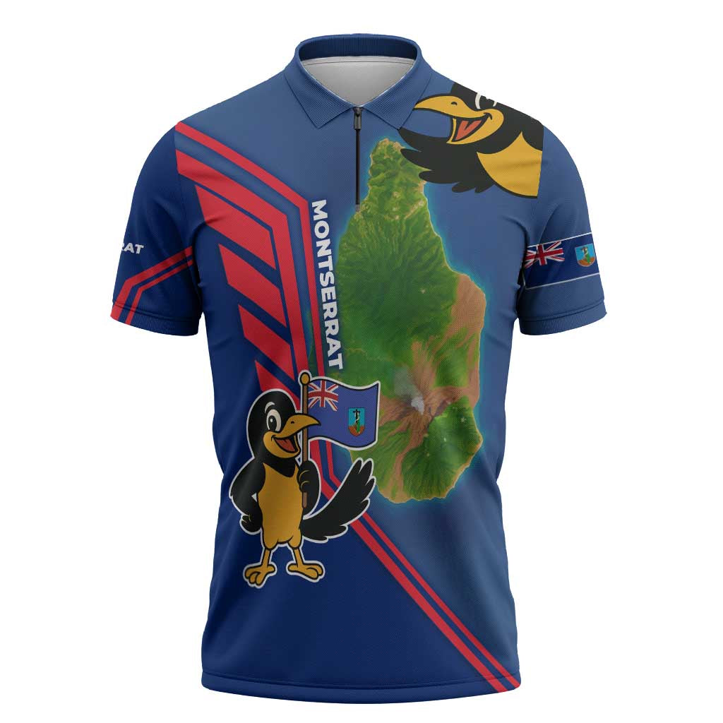 Montserrat Zipper Polo Shirt with Cartoon Bird and Island Map Blue Red Stripe Design - Wonder Print Shop