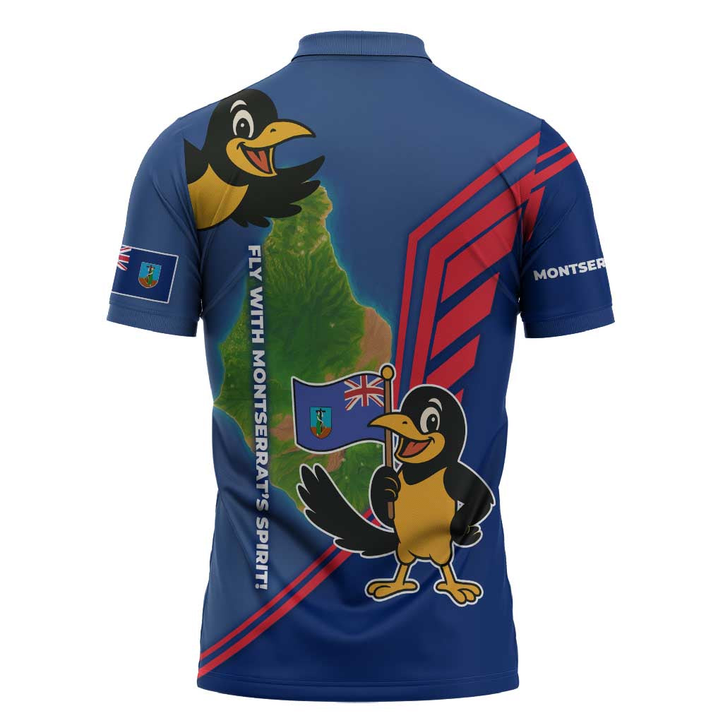 Montserrat Zipper Polo Shirt with Cartoon Bird and Island Map Blue Red Stripe Design - Wonder Print Shop