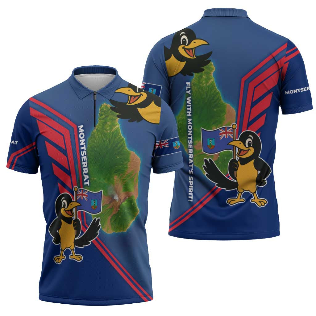 Montserrat Zipper Polo Shirt with Cartoon Bird and Island Map Blue Red Stripe Design - Wonder Print Shop
