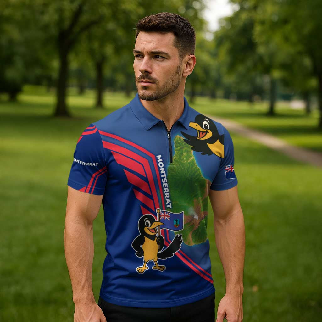 Montserrat Zipper Polo Shirt with Cartoon Bird and Island Map Blue Red Stripe Design - Wonder Print Shop