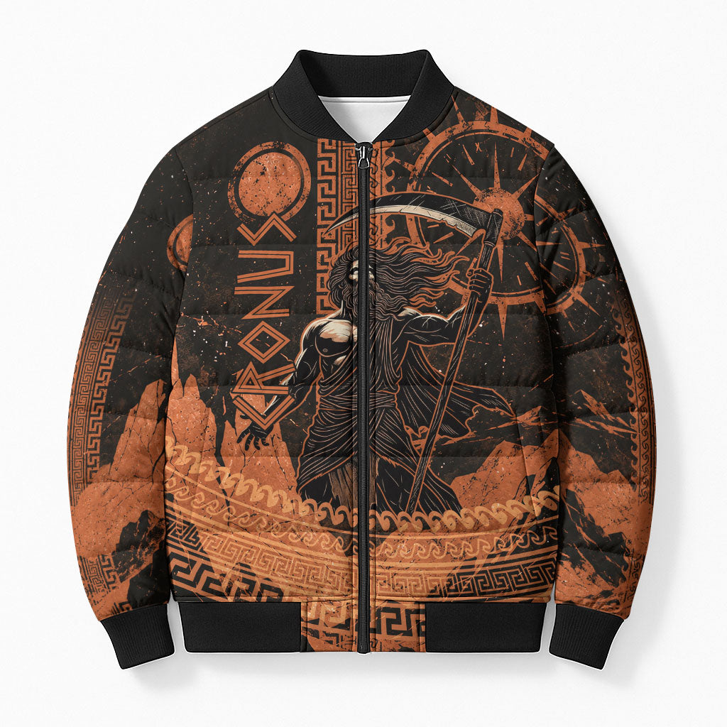 Cronus Lord Of Golden Age Bomber Puffer Jacket Titan King Cronus Scythe Greek Key Art