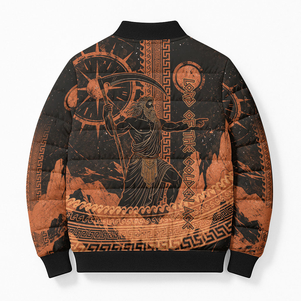 Cronus Lord Of Golden Age Bomber Puffer Jacket Titan King Cronus Scythe Greek Key Art