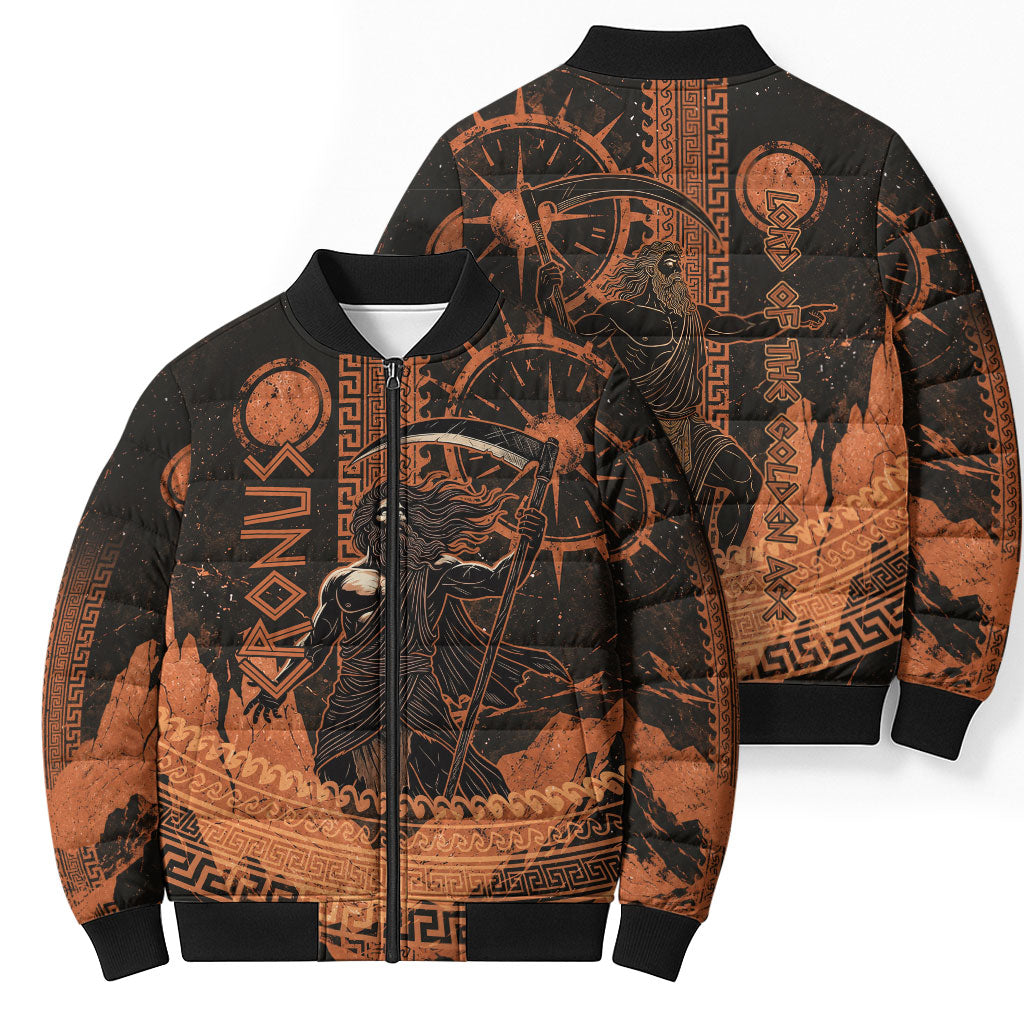 Cronus Lord Of Golden Age Bomber Puffer Jacket Titan King Cronus Scythe Greek Key Art