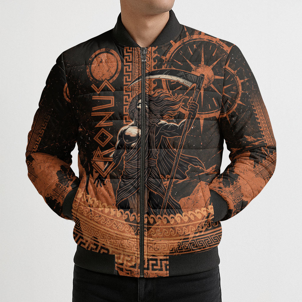 Cronus Lord Of Golden Age Bomber Puffer Jacket Titan King Cronus Scythe Greek Key Art