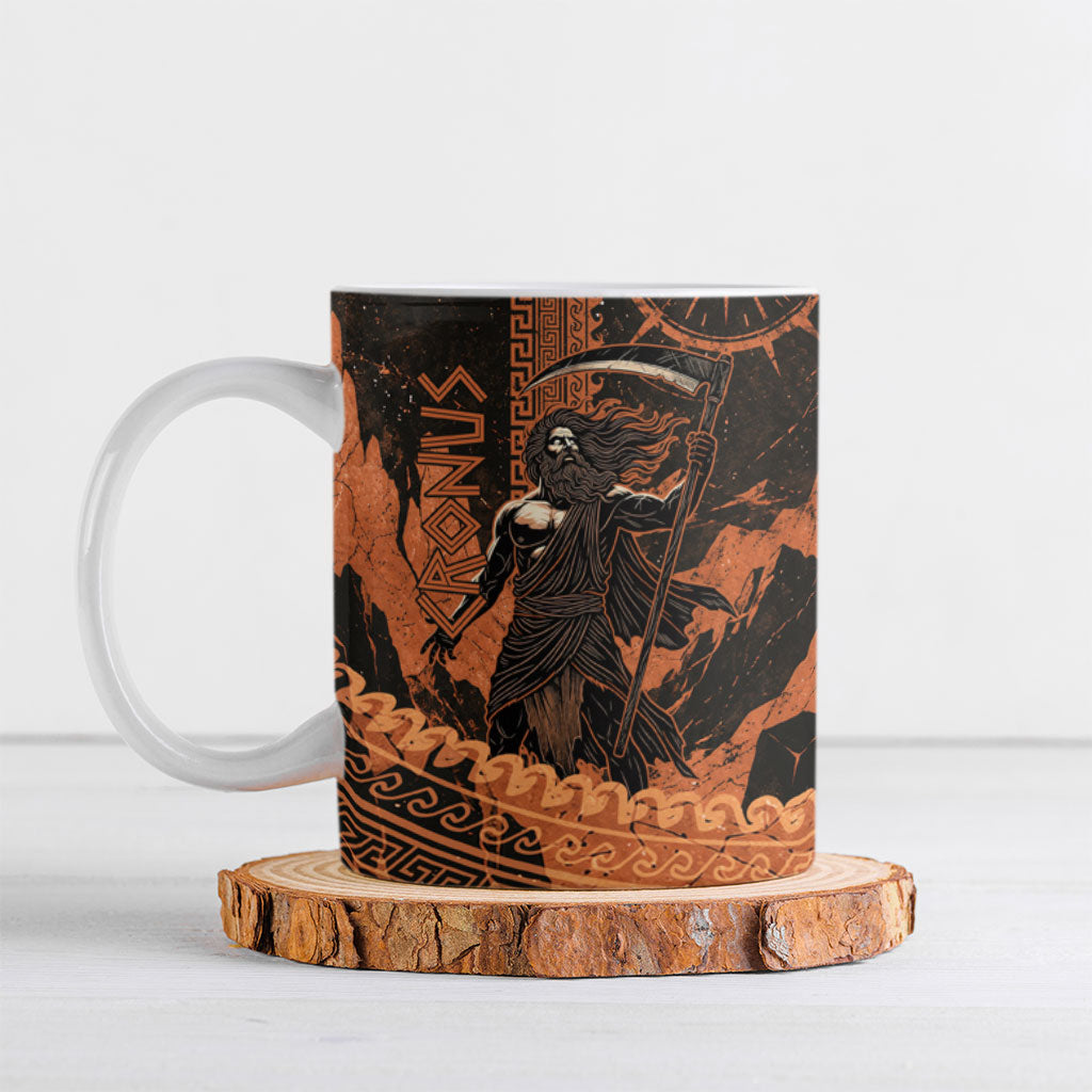 Cronus Lord Of Golden Age Ceramic Mug Titan King Cronus Scythe Greek Key Art