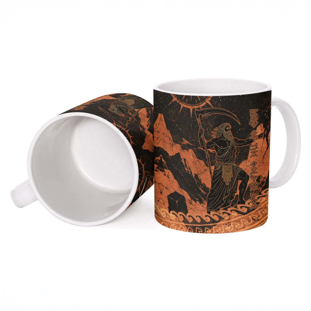 Cronus Lord Of Golden Age Ceramic Mug Titan King Cronus Scythe Greek Key Art
