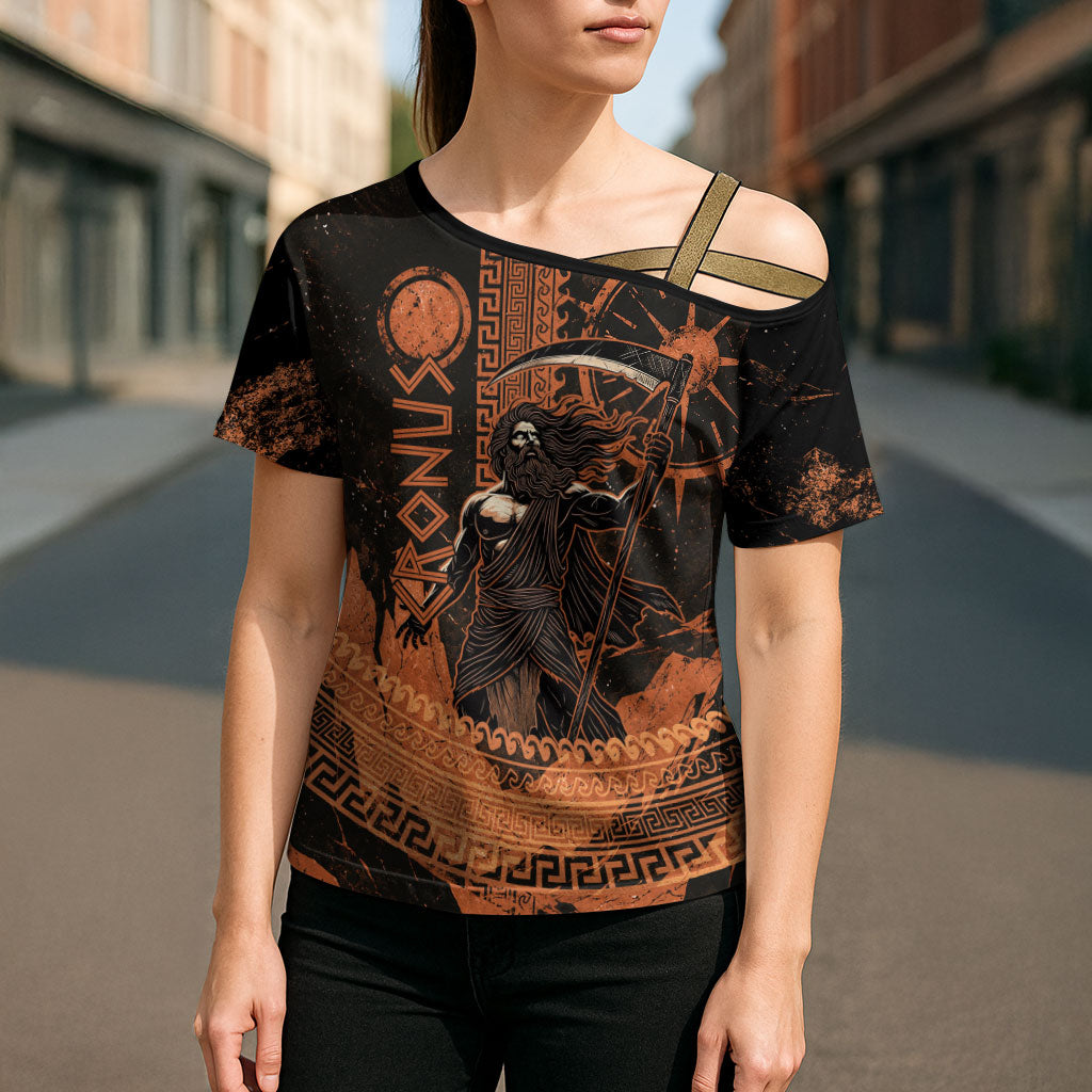 Cronus Lord Of Golden Age Cross Shoulder Shirt Titan King Cronus Scythe Greek Key Art
