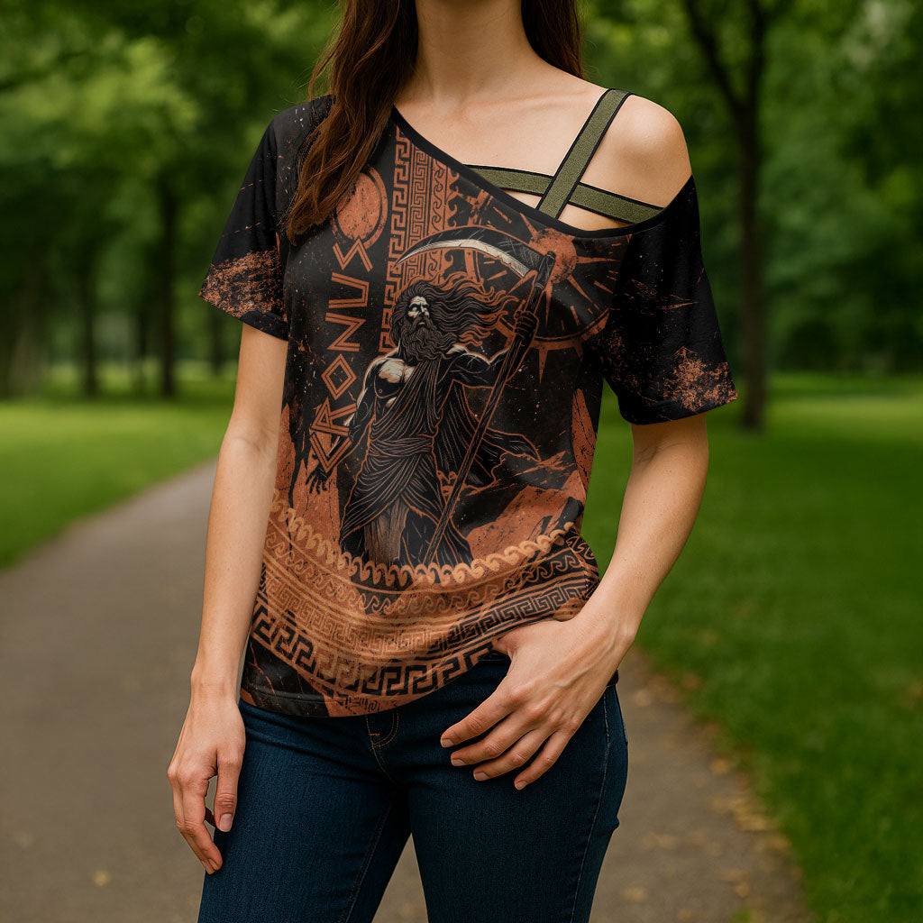 Cronus Lord Of Golden Age Cross Shoulder Shirt Titan King Cronus Scythe Greek Key Art