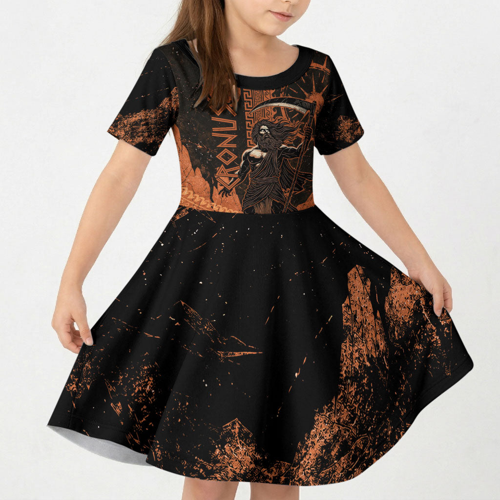 Cronus Lord Of Golden Age Kid Short Sleeve Dress Titan King Cronus Scythe Greek Key Art