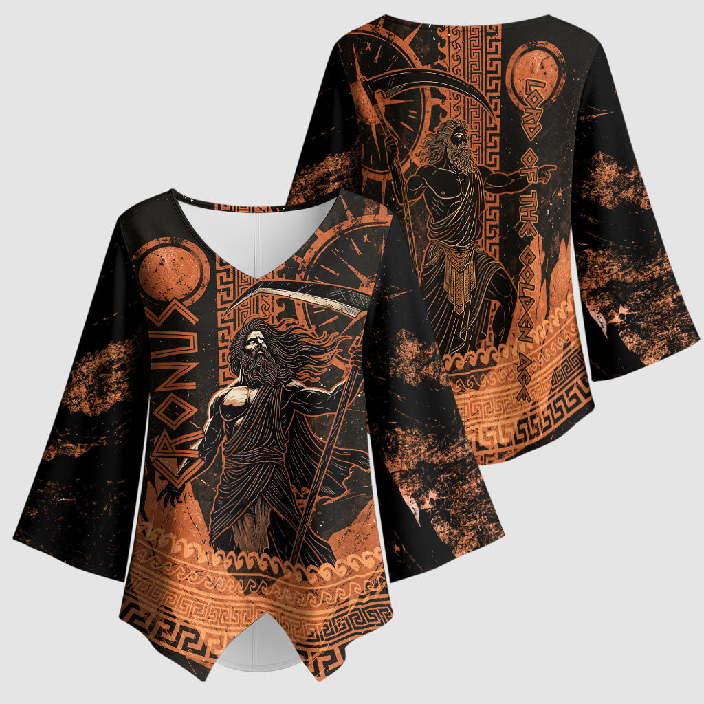 Cronus Lord Of Golden Age Kimono Sleeve Blouse Titan King Cronus Scythe Greek Key Art
