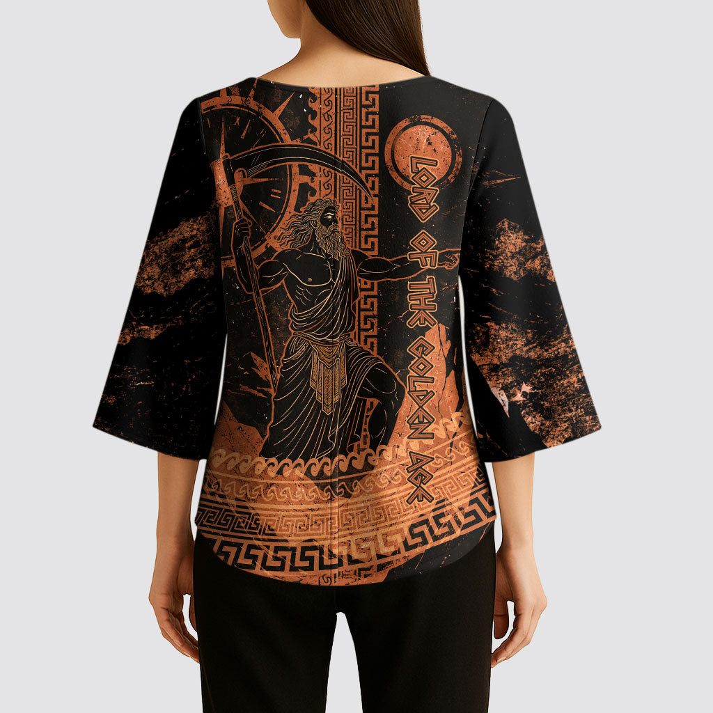 Cronus Lord Of Golden Age Kimono Sleeve Blouse Titan King Cronus Scythe Greek Key Art