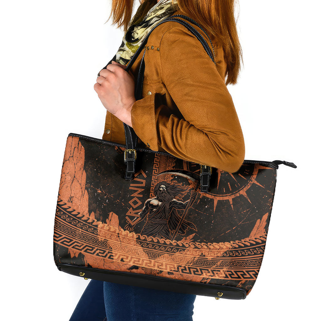 Cronus Lord Of Golden Age Leather Tote Bag Titan King Cronus Scythe Greek Key Art